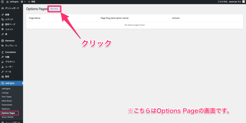 Options Pages一覧画面のAdd Newをクリック
