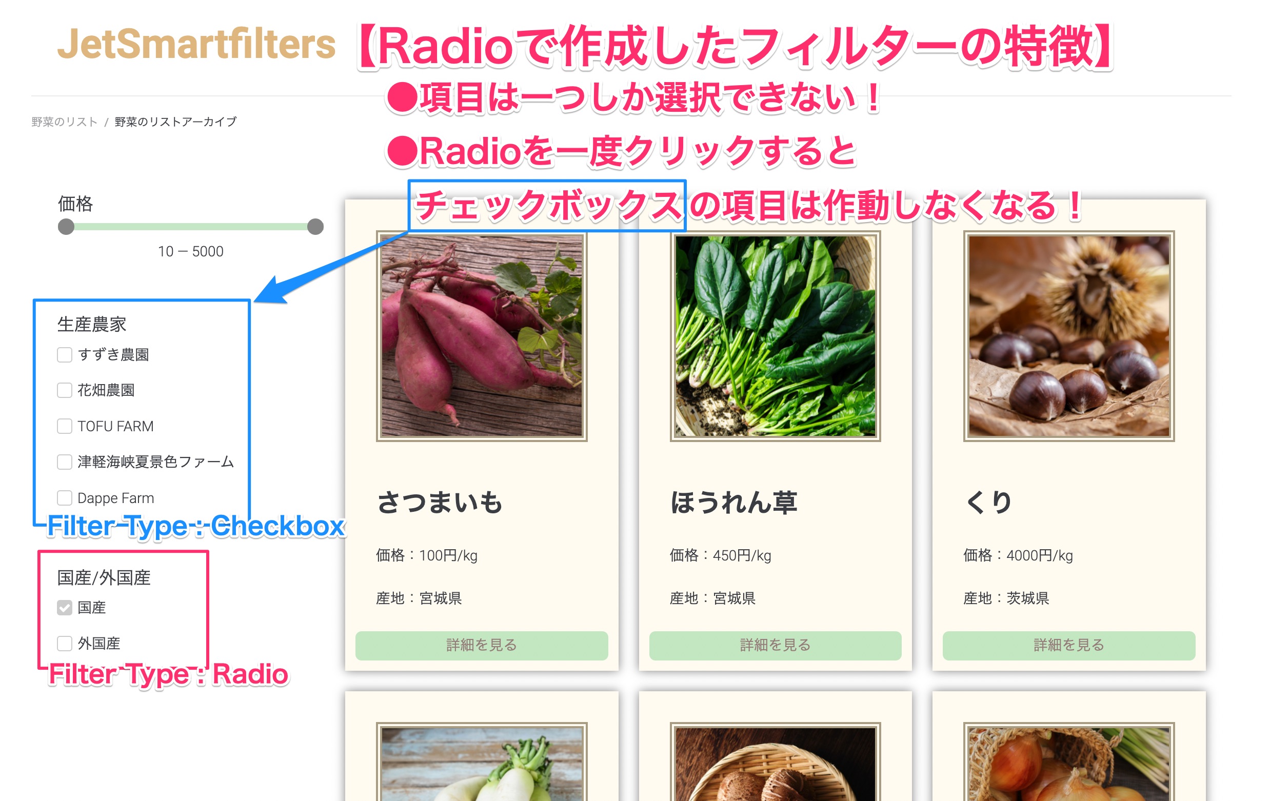Radioで作成したフィルターの特徴を示した画面