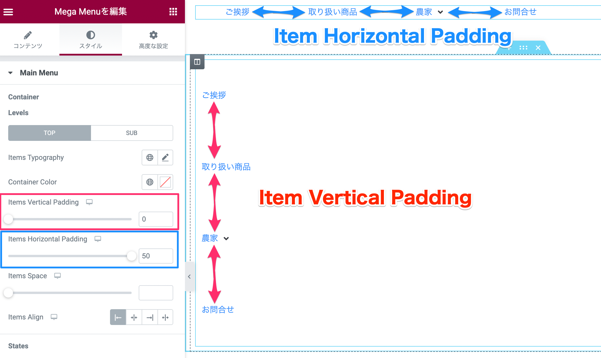 Items Vertical PaddingとItems Horizontal Paddingの違いを示した図